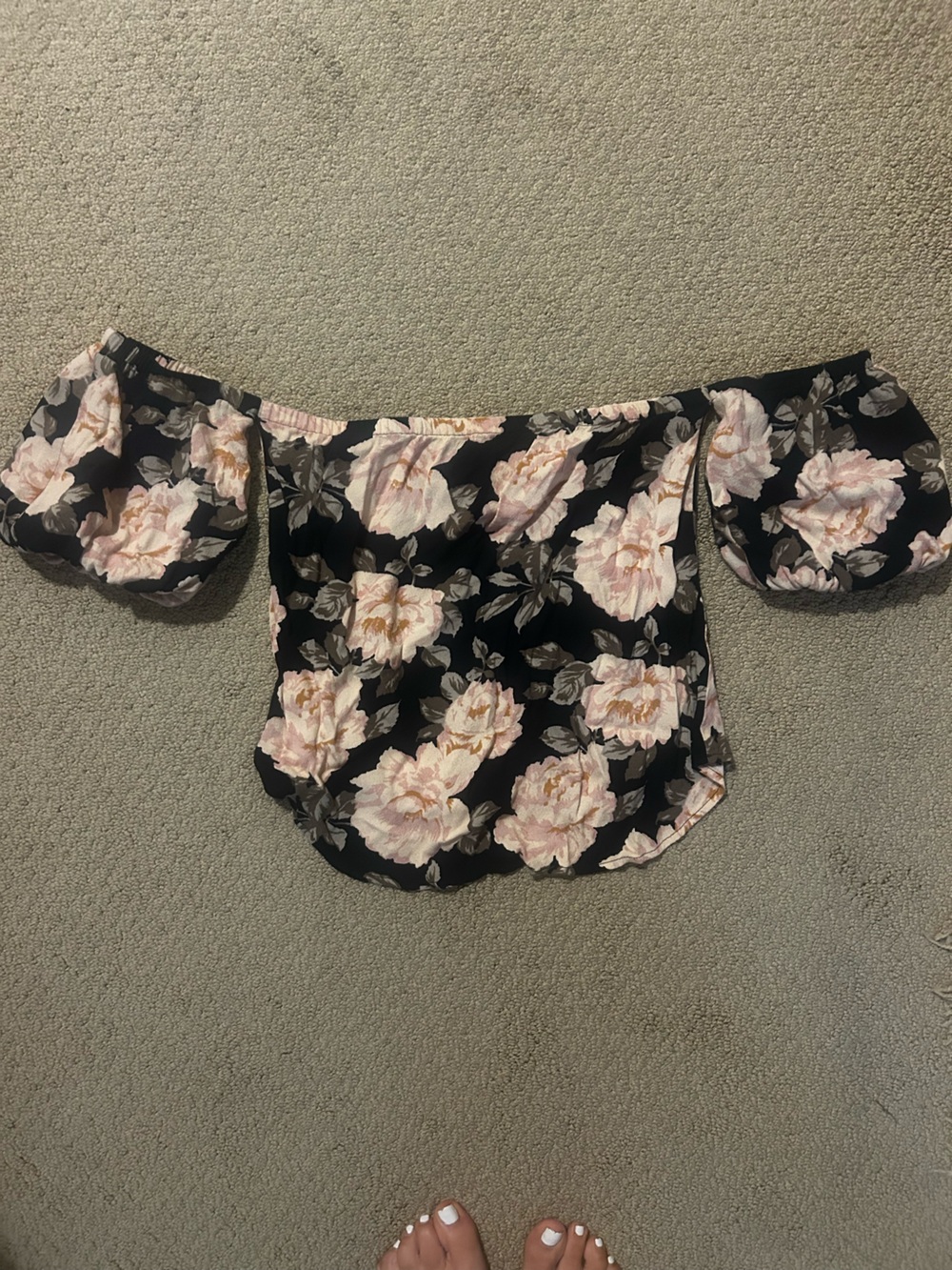 Reformation Floral off the shoulder top - Black with Blush Roses